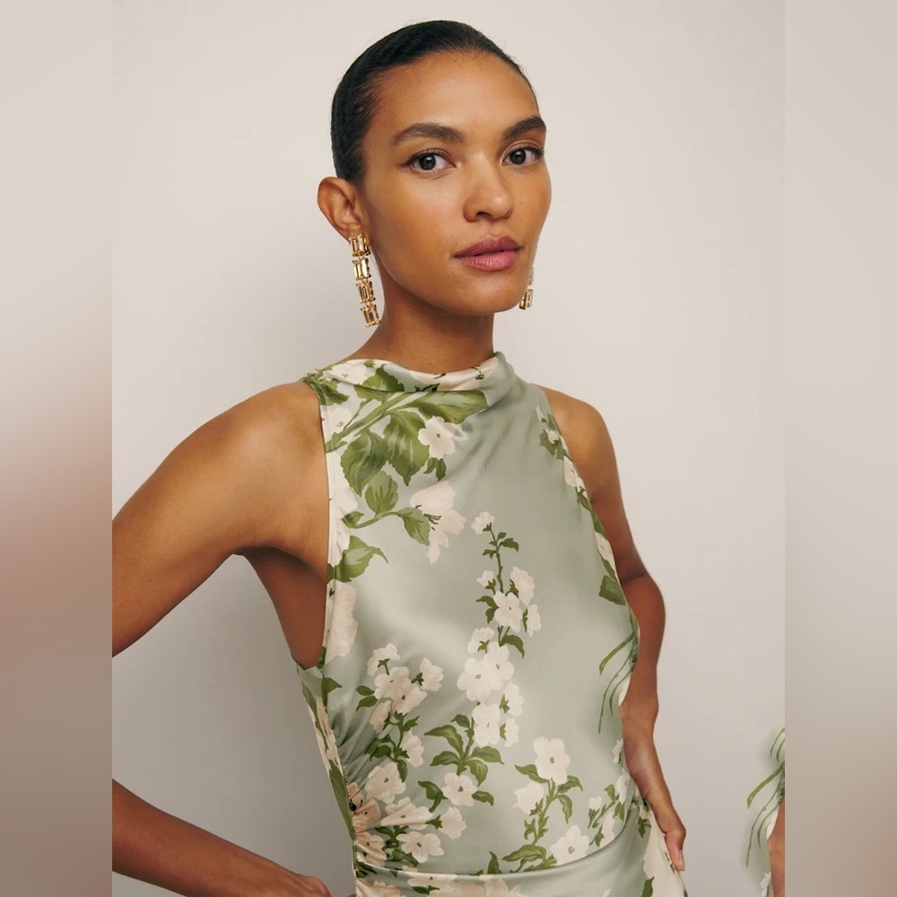 NEW Reformation Anaiis Long Silk Dress Tarragon Green Floral | size 4 - Picture 3 of 14